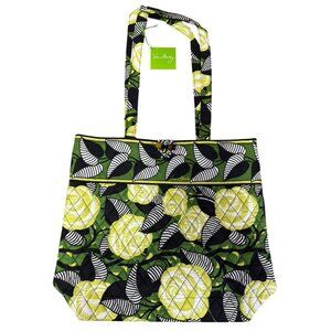 NWT Vera Bradley LA NEON ROSE Tote Bag Large Purse Quilted Lime Green Black